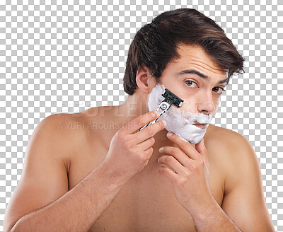 Buy stock photo Shaving, razor and portrait of man for skincare, wellness and health on png and transparent background. Beauty, beard and isolated person with face cream for grooming, hygiene and facial hair removal