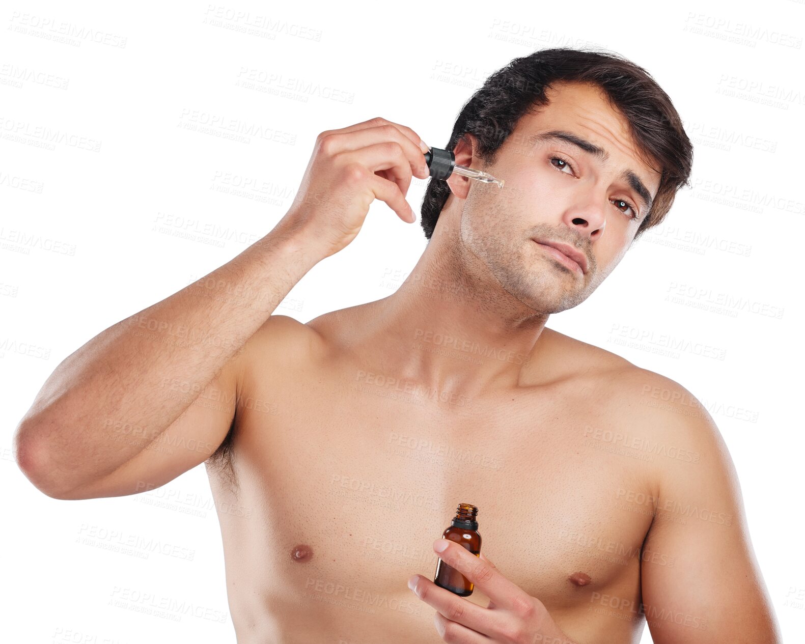 Buy stock photo Portrait, skincare and man with serum, cosmetics and dermatology isolated on a transparent background. Face detox, person and model with health, anti aging and glowing skin with beauty, facial or png