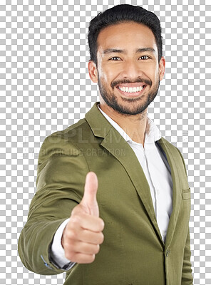 Buy stock photo Happy asian man, portrait and thumbs up in winning or success isolated on a transparent PNG background. Face of businessman smile with like emoji, yes sign or OK in agreement, thank you or approval