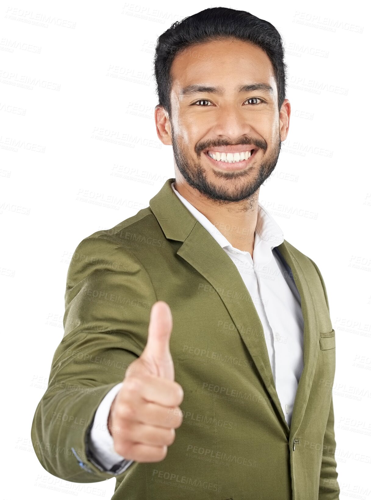 Buy stock photo Happy asian man, portrait and thumbs up in winning or success isolated on a transparent PNG background. Face of businessman smile with like emoji, yes sign or OK in agreement, thank you or approval