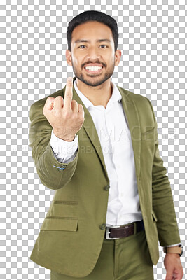 Buy stock photo Business man, middle finger and portrait with smile, rude gesture and frustrated isolated on a png transparent background. Indian entrepreneur, happy and emoji for sign language, vote and opinion