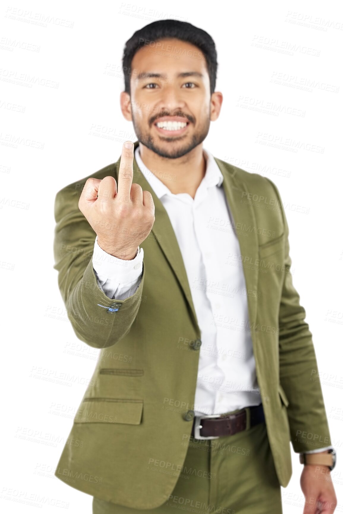 Buy stock photo Business man, middle finger and portrait with smile, rude gesture and frustrated isolated on a png transparent background. Indian entrepreneur, happy and emoji for sign language, vote and opinion