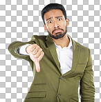 Portrait, frown and man with thumbs down in studio for rejection