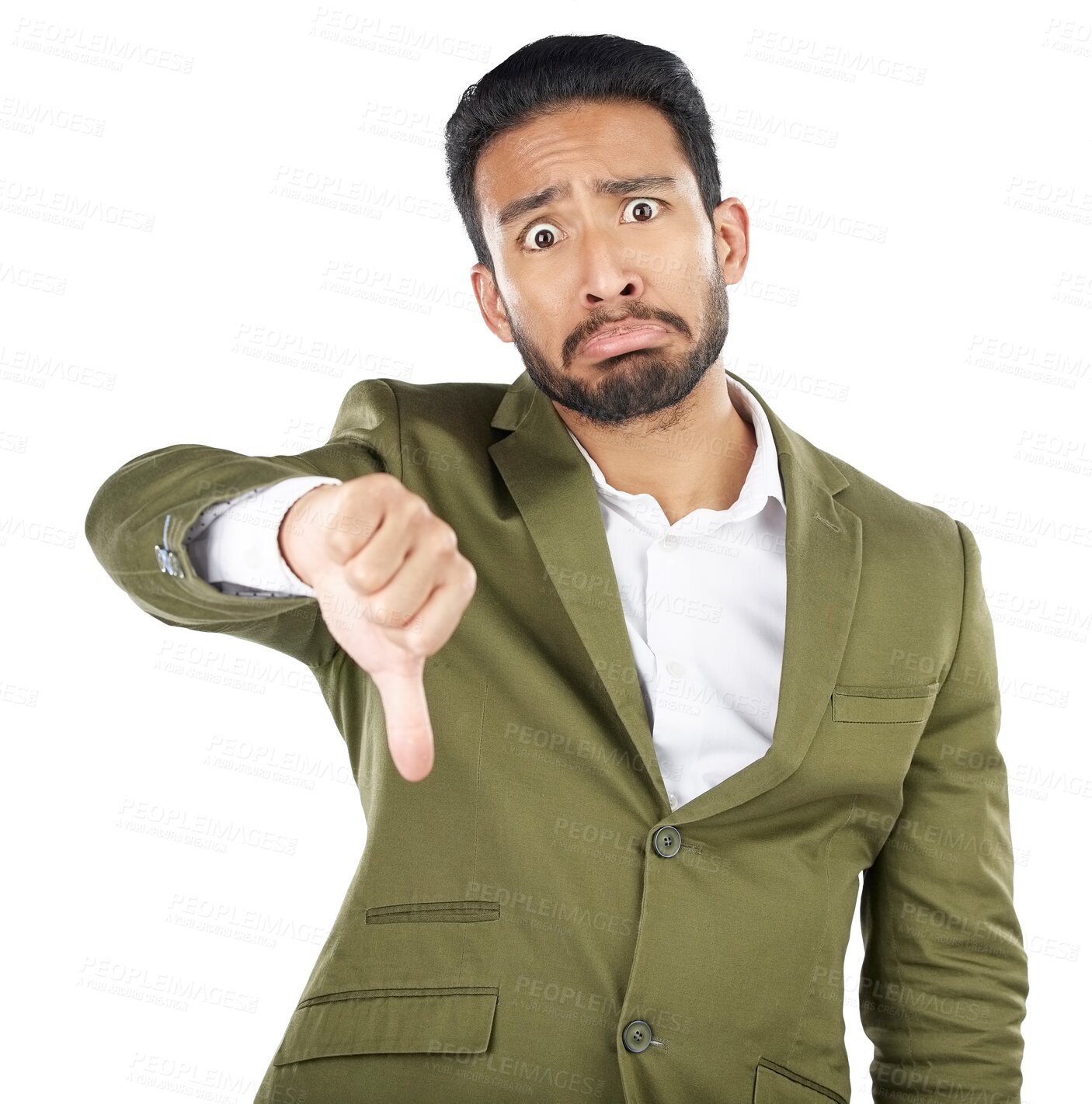 Buy stock photo Portrait man, problem and thumbs down for sad negative fail, no opinion vote or business disagreement, mistake or risk. Feedback, facial expression and agent isolated on transparent, png background