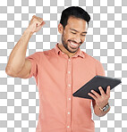 Happy asian man, tablet and fist pump in winning, celebration or