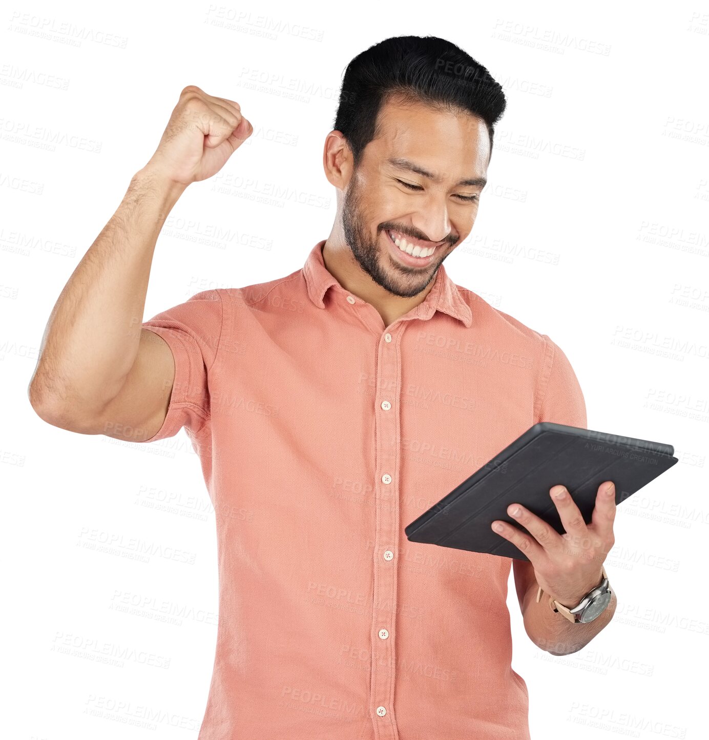 Buy stock photo Search, tablet and happy man for entrepreneur, celebration and fist on isolated transparent png background. Online, planning and young person for employee, working and connection for networking