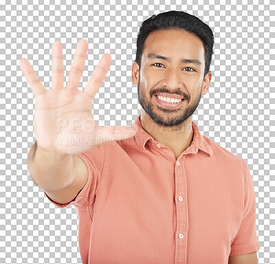 Buy stock photo Palm, portrait and happy asian man with stop, hands or gesture on isolated, transparent or png background. Hi, wave and face of Japanese male model with hello emoji, welcome or greeting expression