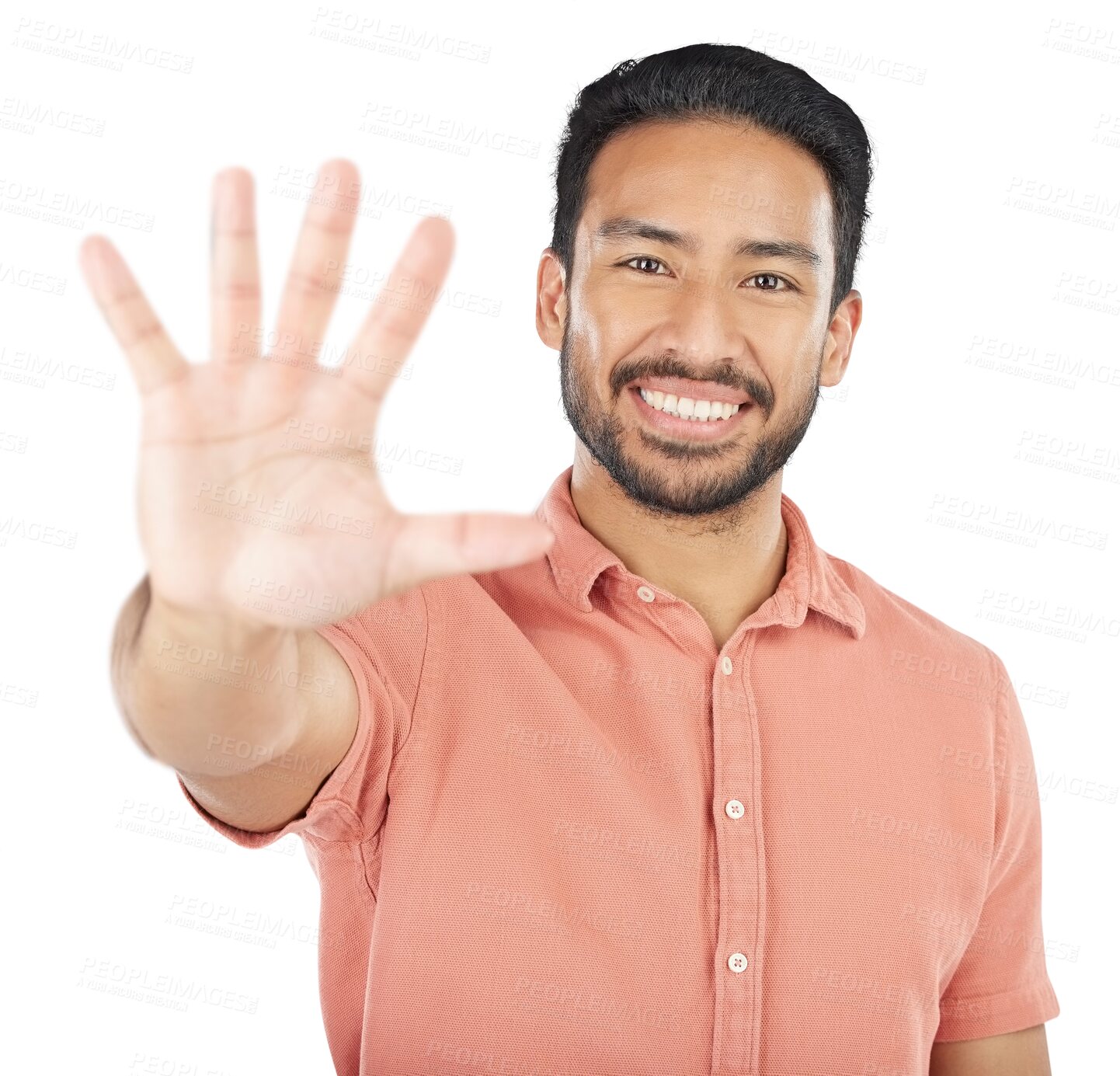 Buy stock photo Palm, portrait and happy asian man with stop, hands or gesture on isolated, transparent or png background. Hi, wave and face of Japanese male model with hello emoji, welcome or greeting expression