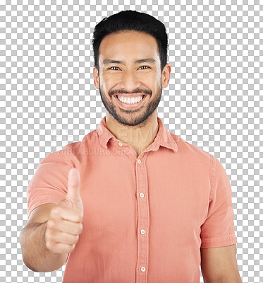 Buy stock photo Isolated Asian man, thumbs up and portrait with smile for yes, success or like by transparent png background. Person, hand and happy for agreement with sign, emoji or icon for support, win or symbol