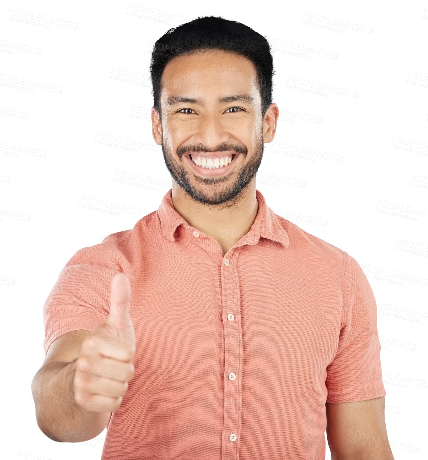 Buy stock photo Isolated Asian man, thumbs up and portrait with smile for yes, success or like by transparent png background. Person, hand and happy for agreement with sign, emoji or icon for support, win or symbol