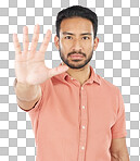 Stop, hand and portrait of asian man in studio with warning, con