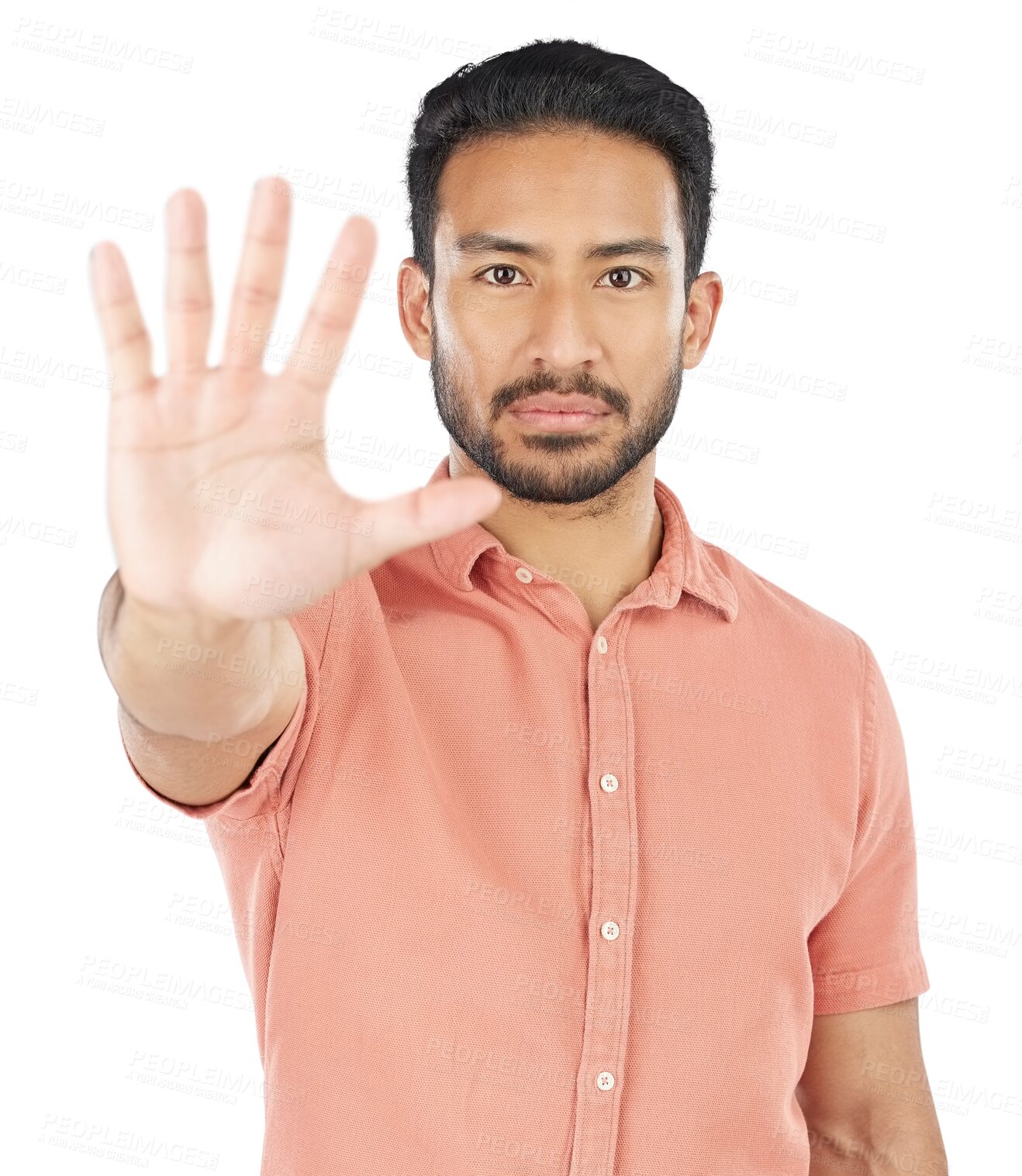 Buy stock photo Stop, hand and portrait of asian man for warning, control or protection order isolated on a transparent PNG background. Protest, palm and face of male model with no, emoji and limit, ban or sign