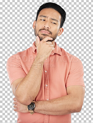 Buy stock photo Confused, thinking and asian man with questions on isolated, transparent and png background. Why, doubt and face of Japanese male model with brainstorming emoji for solution, problem solving or guess