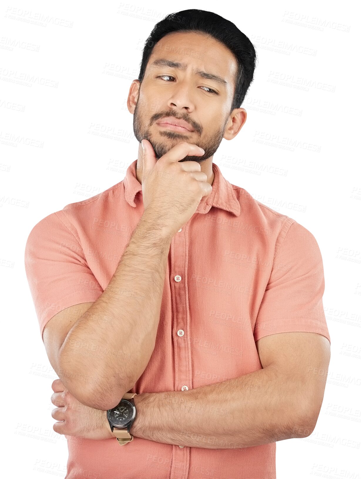 Buy stock photo Confused, thinking and asian man with questions on isolated, transparent and png background. Why, doubt and face of Japanese male model with brainstorming emoji for solution, problem solving or guess