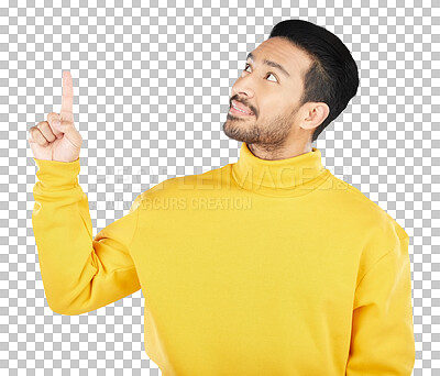 Buy stock photo Announcement, thinking and man pointing for promotion, deal and logo isolated on transparent png background. Choice, offer and happy person, ambassador and marketing or advertising, news and info