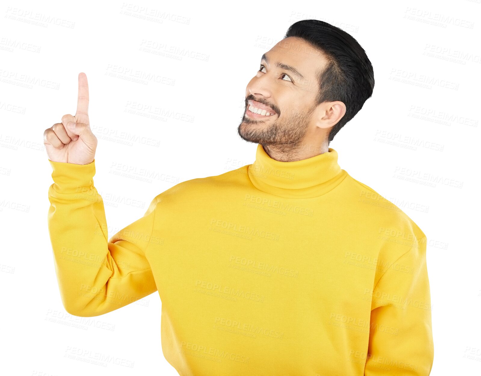 Buy stock photo Smile, announcement and a man pointing to advertising information isolated on a transparent background. Marketing, presentation and promotion with a happy young person on PNG for a promo offer