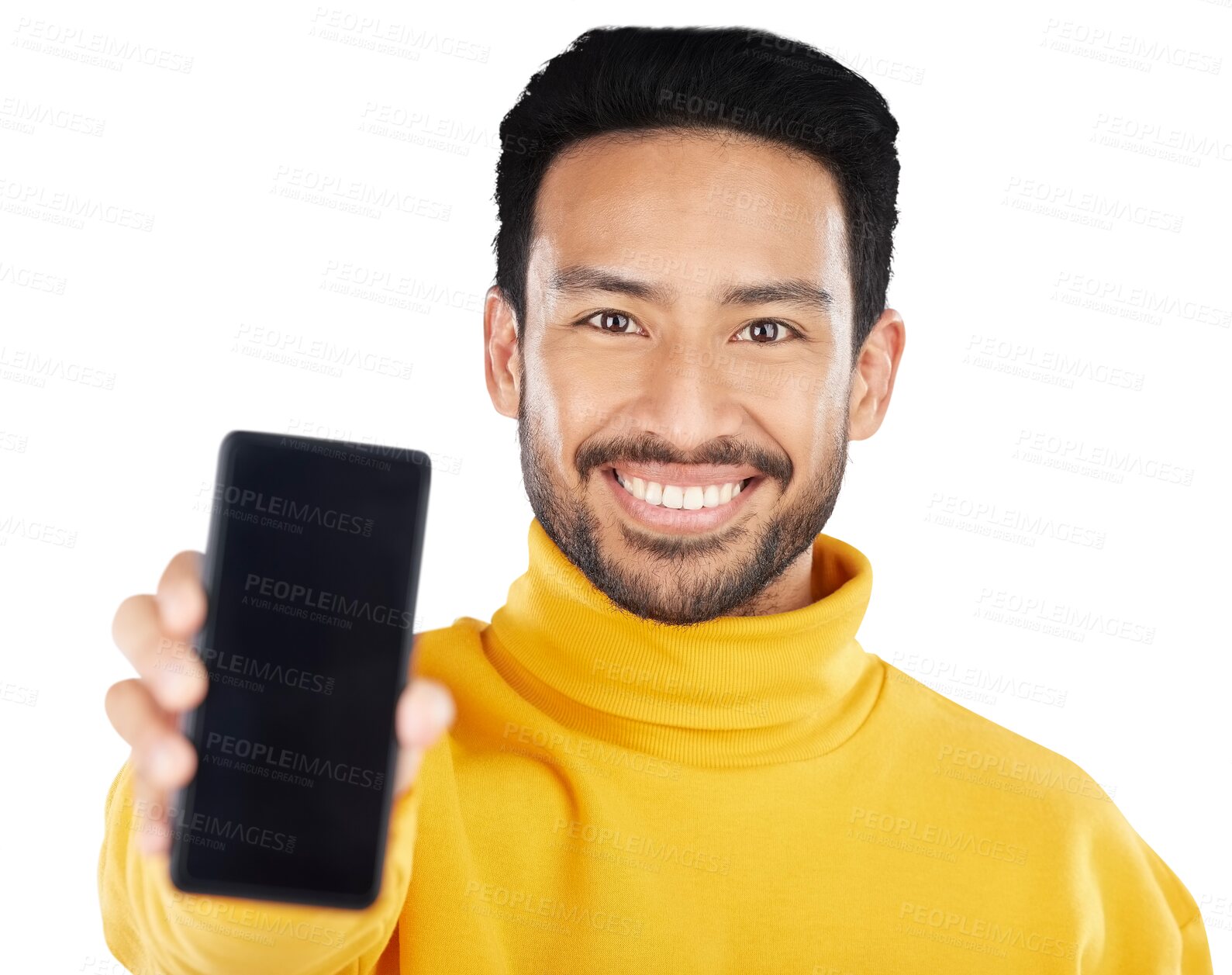 Buy stock photo Asian man, portrait or smile and phone for advertising isolated on a png transparent background. Businessman, smartphone and display or screen in marketing or advertisement for social media and happy