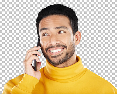 Buy stock photo Man, smile and phone call or networking, communication and speaking on smartphone, chat and talk. Asian person, mobile and connection or hello, conversation and isolated on transparent png background