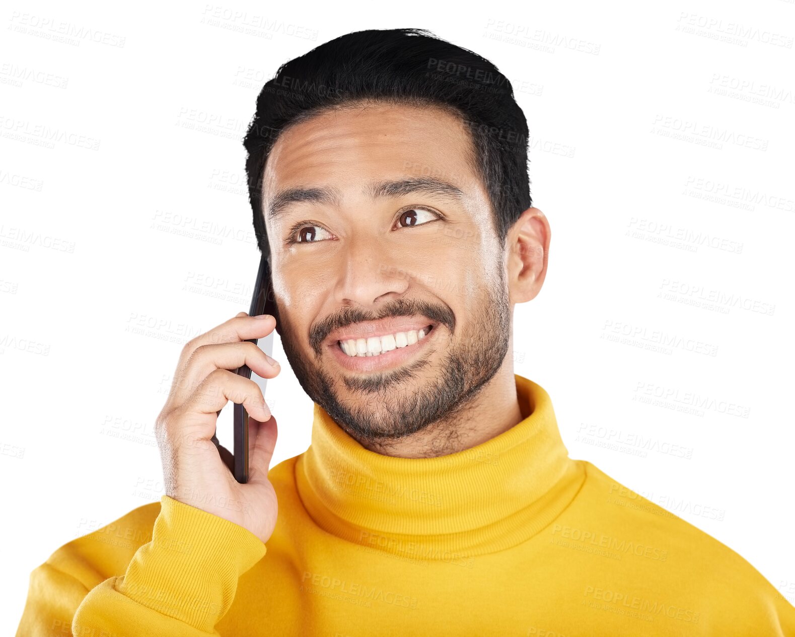 Buy stock photo Man, smile and phone call or networking, communication and speaking on smartphone, chat and talk. Asian person, mobile and connection or hello, conversation and isolated on transparent png background