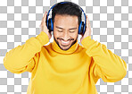 Man, headphones and listening with smile, studio and hearing wit