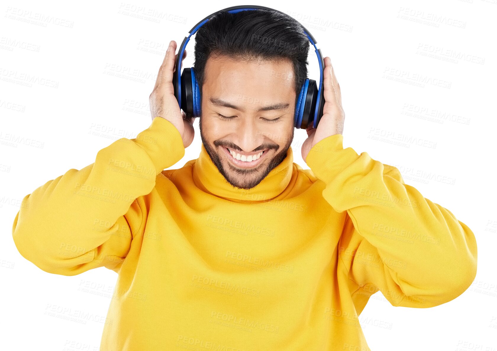 Buy stock photo Smile, headphones and man or music, chilling and streaming radio or isolated on transparent png background. Happy asian person, podcast and hearing audio or song, playlist and sound for relaxing