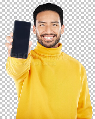 Buy stock photo Asian man, portrait or happy and phone for advertising isolated on a png transparent background. Businessman, smartphone and display or screen in marketing or advertisement for social media or smile