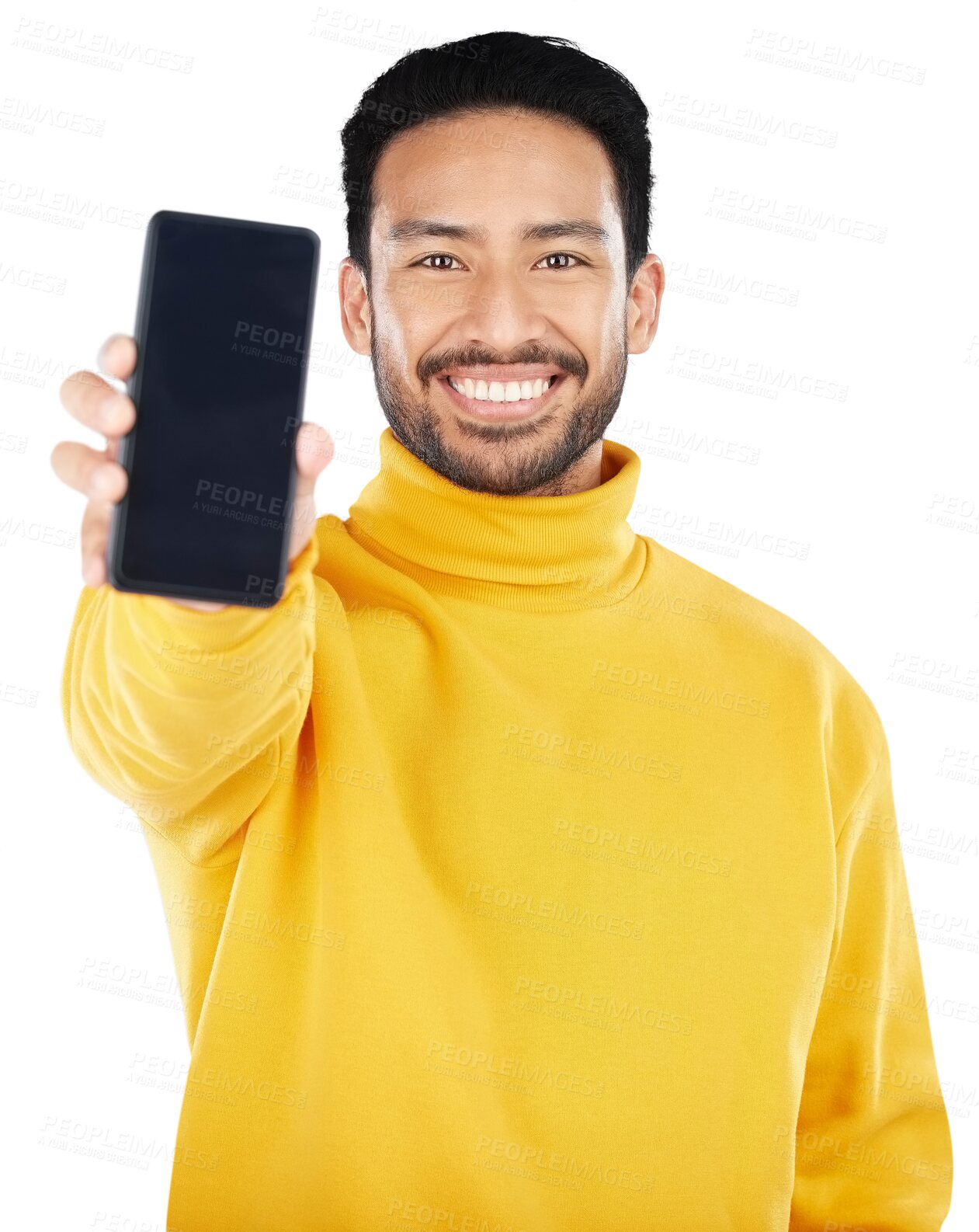 Buy stock photo Asian man, portrait or happy and phone for advertising isolated on a png transparent background. Businessman, smartphone and display or screen in marketing or advertisement for social media or smile