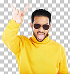 Man, horns and hand with sunglasses, studio portrait and rock ic