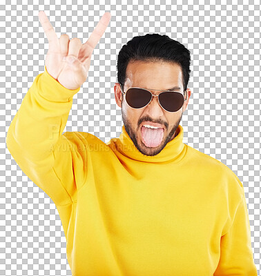 Buy stock photo Fashion, tongue out and man with rocker hands, sunglasses and attitude on isolated, transparent or png background. Metal, emoji and face of male model with rock and roll sign, style or trendy clothes