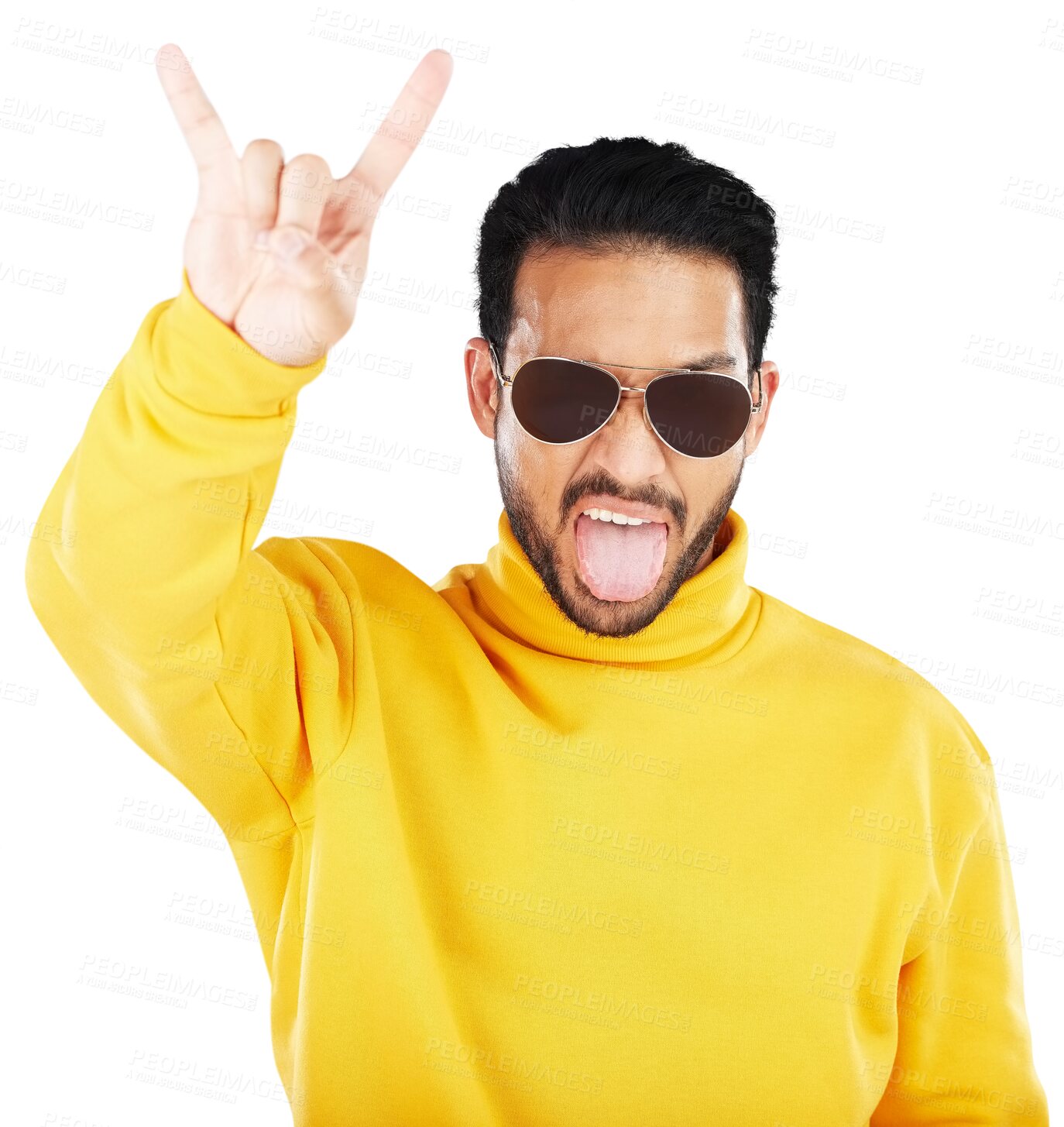 Buy stock photo Fashion, tongue out and man with rocker hands, sunglasses and attitude on isolated, transparent or png background. Metal, emoji and face of male model with rock and roll sign, style or trendy clothes