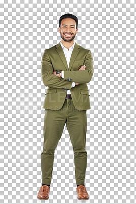 Buy stock photo Businessman, portrait and fashion of professional entrepreneur isolated on a transparent PNG background. Happy or confident asian man, model or employee with arms crossed for pride, career or job