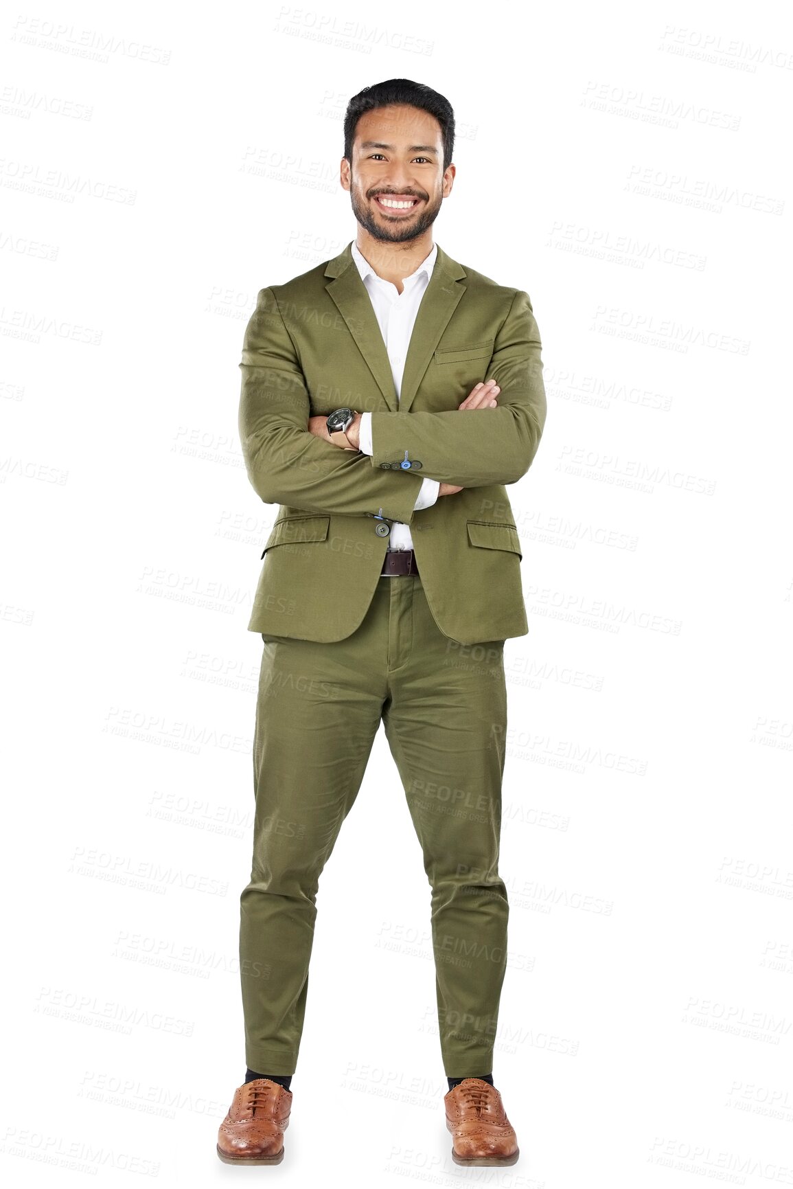 Buy stock photo Businessman, portrait and fashion of professional entrepreneur isolated on a transparent PNG background. Happy or confident asian man, model or employee with arms crossed for pride, career or job