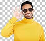 Fashion, happy and man with okay sign on a white background for