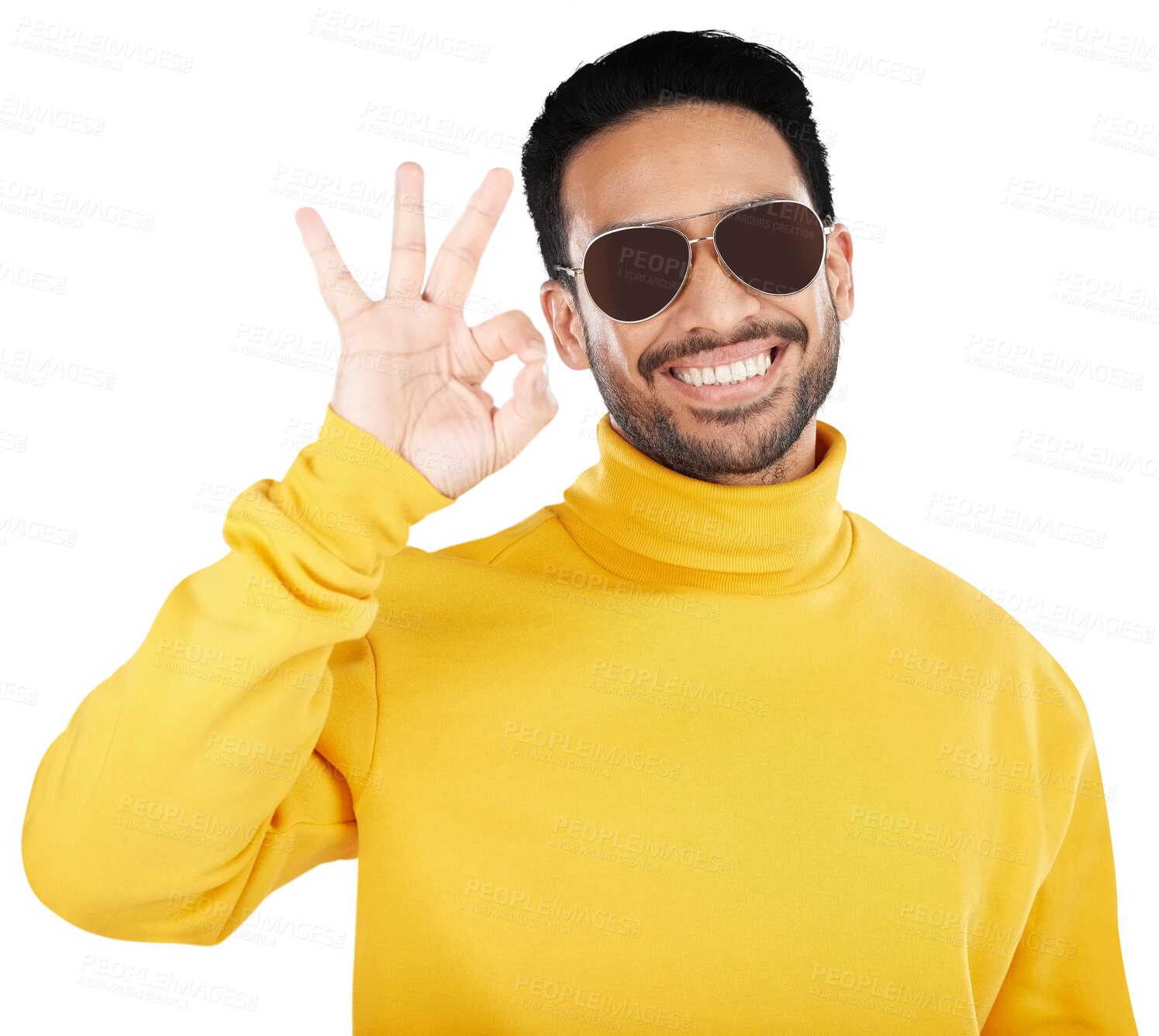 Buy stock photo Sunglasses, ok and man with smile and hand emoji or gesture for mathematics. Fingers, portrait and happy Indian model with numbers or approval sign language isolated by transparent png background