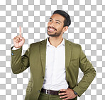 Businessman, thinking and man pointing for promotion, deal and l