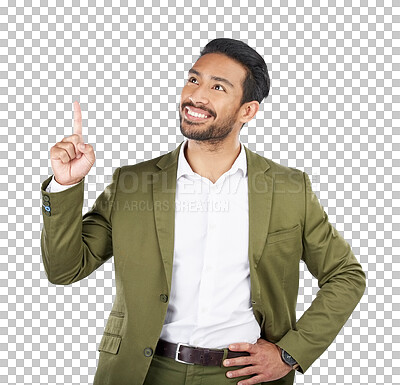 Buy stock photo Businessman, thinking and pointing up for advertising, solution or marketing isolated on a transparent PNG background. Face of asian man smile or finger in wonder for decision, choice or showing idea