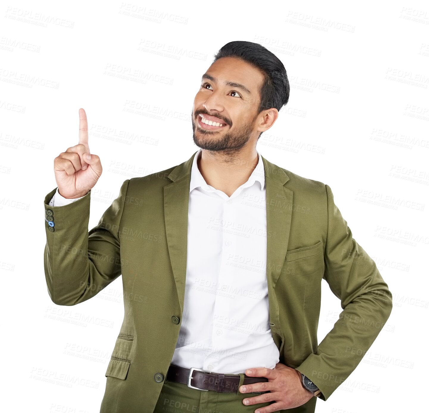 Buy stock photo Businessman, thinking and pointing up for advertising, solution or marketing isolated on a transparent PNG background. Face of asian man smile or finger in wonder for decision, choice or showing idea