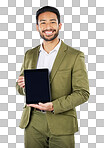 Happy asian man, portrait and tablet mockup in advertising again