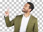 Businessman, thinking and happy man pointing for promotion, deal