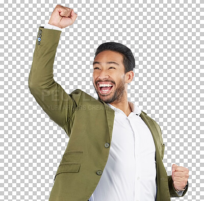 Buy stock photo Happy asian man, fist pump and celebration in winning or success isolated on a transparent PNG background. Excited businessman smile in happiness for bonus promotion, good news or victory achievement