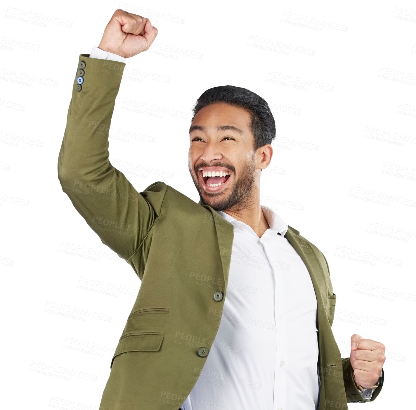 Buy stock photo Happy asian man, fist pump and celebration in winning or success isolated on a transparent PNG background. Excited businessman smile in happiness for bonus promotion, good news or victory achievement