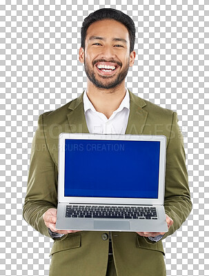 Buy stock photo Businessman, smile and laptop with green screen in portrait for offer on website, homepage or internet. Asian person, consultant and happy for announcement on isolated or transparent png background