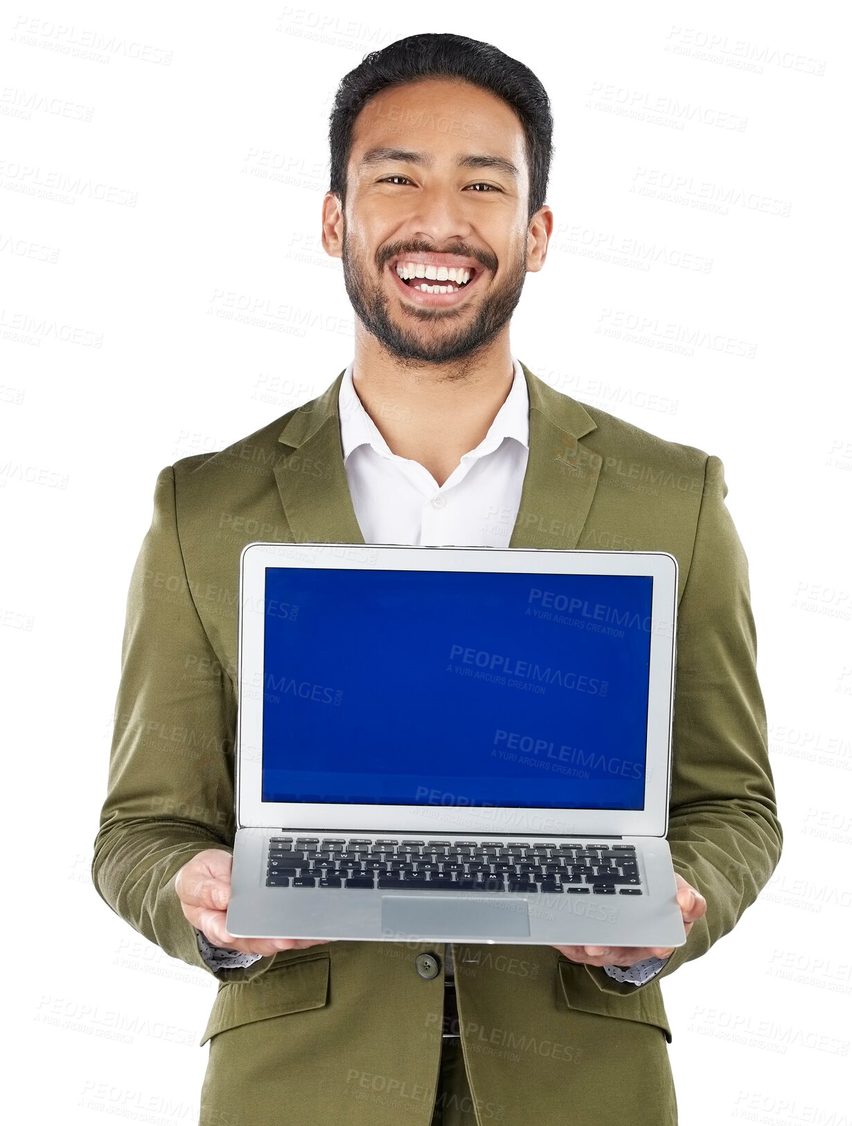 Buy stock photo Businessman, smile and laptop with green screen in portrait for offer on website, homepage or internet. Asian person, consultant and happy for announcement on isolated or transparent png background