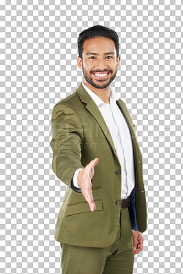 Buy stock photo Portrait, businessman and handshake for partnership, introduction or welcome for meeting. Asian person, smile or excited emoji for deal, offer or opportunity on isolated or transparent png background