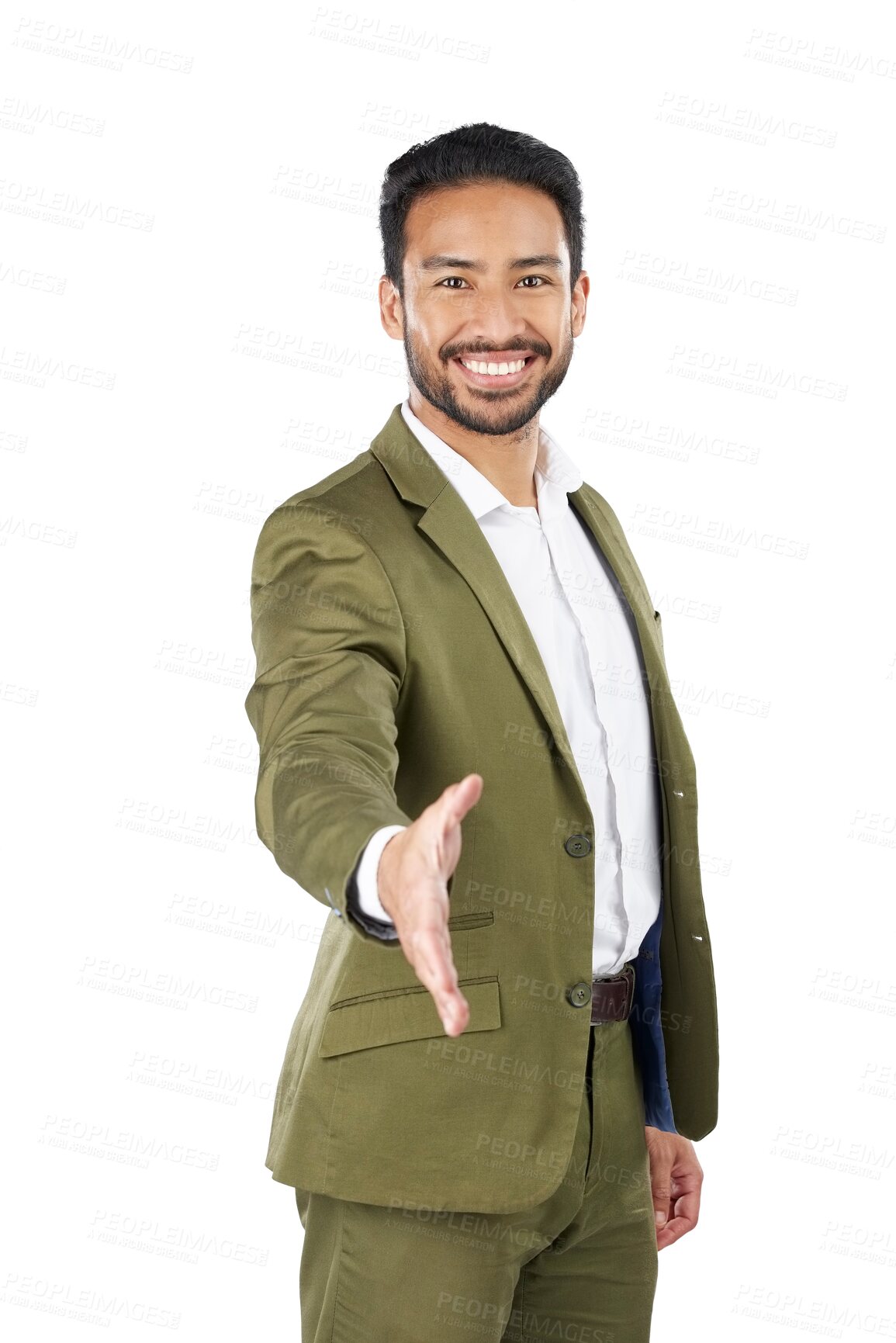 Buy stock photo Portrait, businessman and handshake for partnership, introduction or welcome for meeting. Asian person, smile or excited emoji for deal, offer or opportunity on isolated or transparent png background