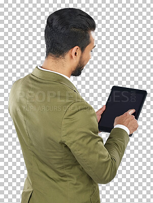 Buy stock photo Businessman, hand and pointing on tablet screen in back view for social media, website or interactive. Male person, show or tech for contact, about us or faq on isolated or transparent png background