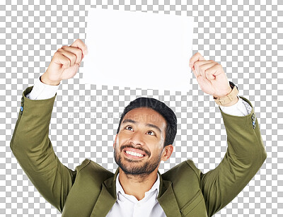 Buy stock photo Poster, happy and business man with paper, space or mockup on isolated, transparent or png background. Recruitment, we are hiring or Japanese recruiter show about us, info or information presentation