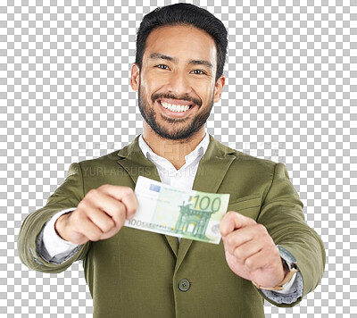 Happy asian man, portrait and money in finance, savings or inves