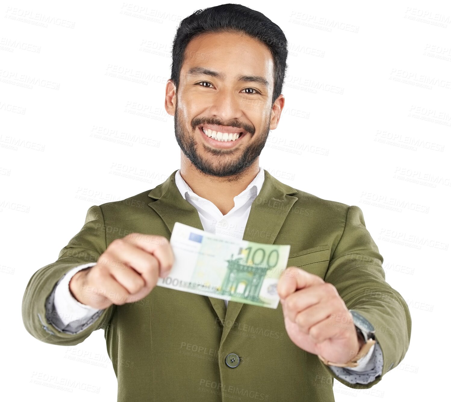 Buy stock photo Portrait, finance and Asian man with cash, business and investment isolated on transparent background. Face, Japanese person and accountant with money, savings and bill with financial freedom and png