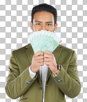 Asian man, money fan and finance in savings, investment or loan